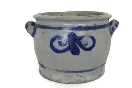 Antique French Stoneware Earthenware Crock Jar Lard Cobalt gray Planters Flower Pot Herbs Farmhouse Country Barn Cottage Style