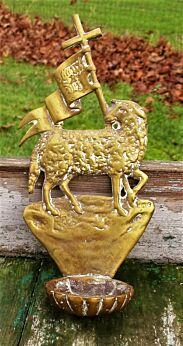 Antique 18th Century Brass Holy Water Font Lamb of God Wall Hanging Agnus Dei