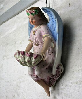 Antique French Holy Water Font Vessel Angel Bisque Wall Hanging Collector 9.84"