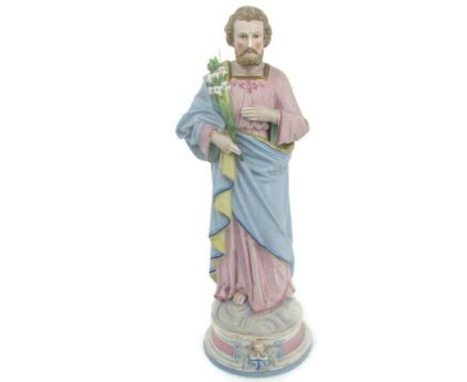 Antique Porcelain Bisque Statue Saint Joseph Angel Lilies Protector of homes Polychrome 20.47"