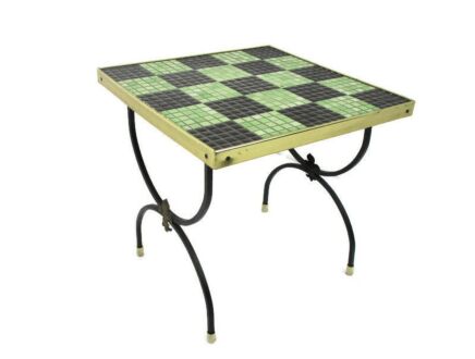 Mid Century Modern French Small Side Table Plant stand Mosaic tiles Green Black Checkered pattern Wrought Iron Fleur de Lis Lys