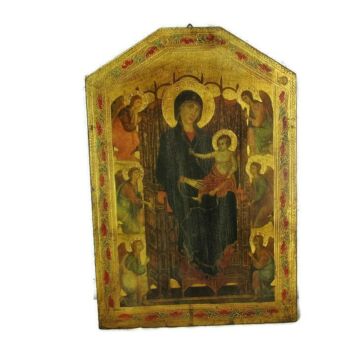 Gorgeous Vintage Wooden Icon Angels Worshipping Infant Jesus Madonna Gold Leafs