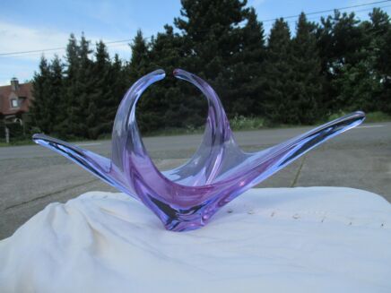 large Val St Lambert Purple Mauve Bowl Dish Centerpiece Basket art Glass Marked