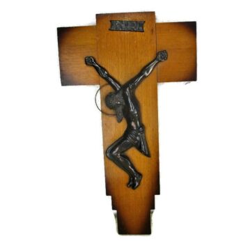 Art Deco Hanging Wall Crucifix Cross Jesus Christ Copper on Wood Lovely 18.11"
