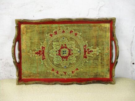 Italian Mid Century Hollywood Regency Florentine Serving Tray Gold Red Handles