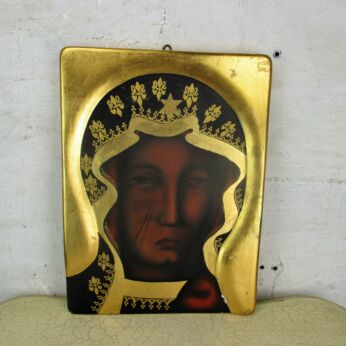 Vintage Wooden Icon Gold Paint over Print Black Madonna Virgin mary French