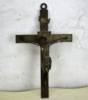 Lovely Vintage Antique Ornate Brass Red Enamel Wall Hanging Crucifix 14.56"