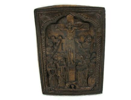 Vintage Small Wall Plaque Hanging Resine Crucifixion Golgotha Bas reliëf