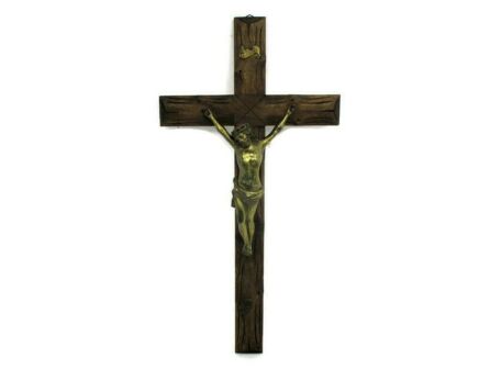 XL Wall Hanging hand Carved Wood Crucifix Cross Jesus Christ Brass Corpus 27.55"