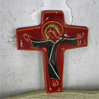 Red Mid Century Modern Ceramic Crucifix Bree Belgium Era Amphora Perignem 7.2"