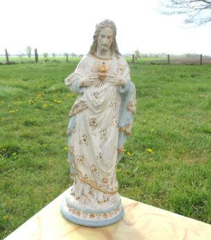 Belgian Antique Jesus Christ Chalk Plaster Statuette Catholic Church 16.34"
