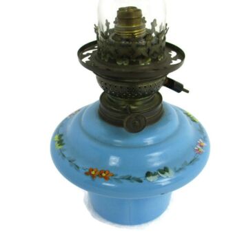antique Opaline Table oil lamp Burner with Chimney Hand Painted Electrified