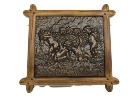 Hammered Copper Framed Wood Ornate Wall Decor Plaque Putti Cherubs Grapes Bas Relief Lovely