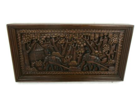 Hand Carved Wood Wall Art Panel Bas High Relief Eastern Scene with Elephants beautiful