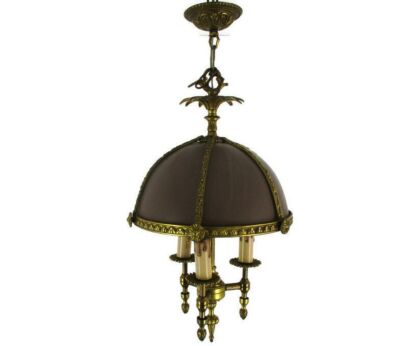 French Empire bouillotte Chandelier 3 Lights Brown Tole Garlands Guirlandes Rare