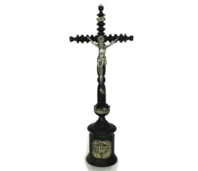 Antique Dark Carved wood Table Standing Crucifix Round Base Spelter Corpus Trim ormolu Gorgeous Bobbin