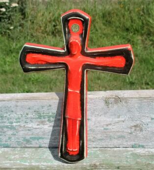 Modernist Mid Century Design Ceramic Crucifix Red Black Glazed Belgium Bree