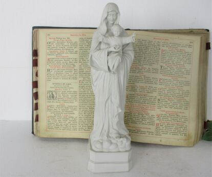 Antique Bisque Porcelain Statue Virgin Our Lady Mary Infant Child Exquisite Gorgeous 14.96"