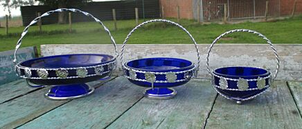 Retro Set of 3 Cobalt Blue Candy dishes Baskets Bowls Silver Colored Handle