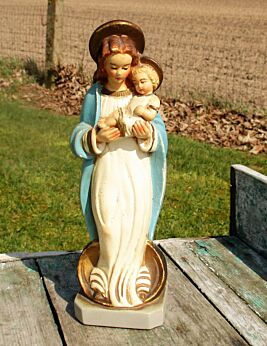 Lovely Small Virgin Mary Madonna Child Plaster Statuette Chalkware Art Deco
