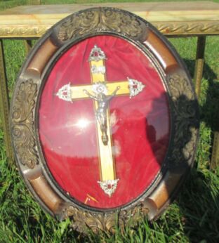 vintage Crucifix Oval Frame Red Velvet Dome Glass Carved Wood Frame