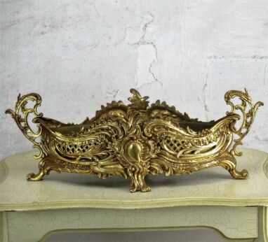 XL Art Nouveau French Planter Jardinière Ornate Embossed Centerpiece Brass