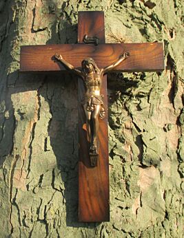 Vintage Carved Wood Hanging Crucifix Cross Red Copper Corpus 17.05"