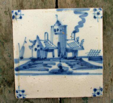 Antique 19th C. Delft Tile Dutch Blue White Landscape Church Houses