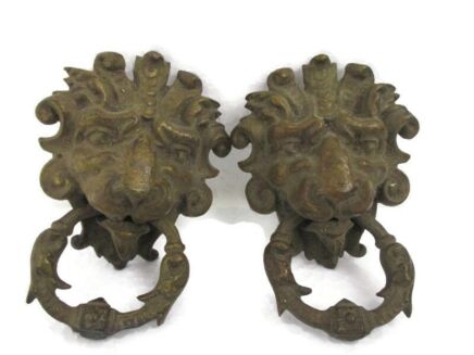 Pair Couple Antique Brass Door Knockers Lion Head Architectural Reclaimed Door Drawer Handles Knobs Pulls gorgeous