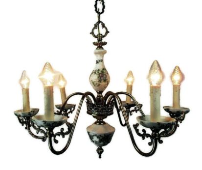 Vintage Italian Porcelain Brass Chandelier Ornate 6 arm Lights Mid Century