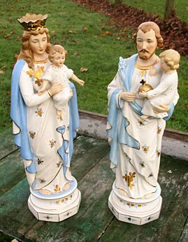 2 Porcelain Virgin Mary Madonna with Child Saint Joseph Jesus Statuettes Blue