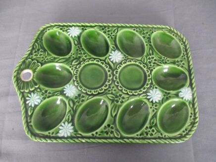 Green Deviled Egg Plate Ceramic Faience Vintage Majolica