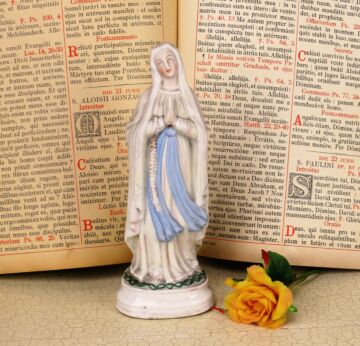 French Antique Virgin Mary Notre Dame de Lourdes Statue Bisque Porcelain 9.44"