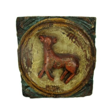 Hand Carved Wooden Wall Panel Plaque Reclaimed Folk Art Polychrome Ram Goat