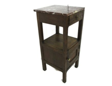 Antique French Art Deco Brown Marble top Side Cabinet Lamp End Table Nightstand Ornate Carved Wood