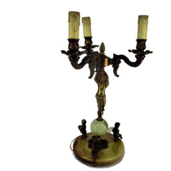 Table Desktop Lamp Candelabra 3 arm Hollywood Regency Cherub Putti Angels Marble Working