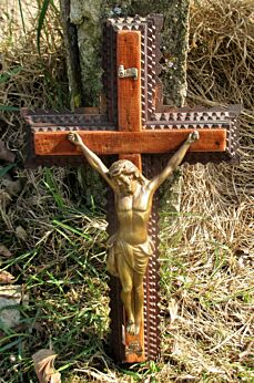 Wooden Tramp art Cross Wall hanging Crucifix Art Brass Corpus 14.17"