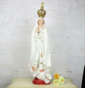 Large Statue Our Lady Fatima Portugal Plaster Crown Doves Glass Eyes 30.31" WOW