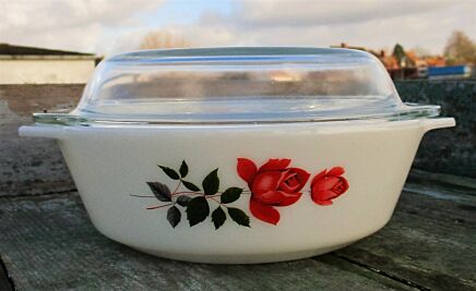 Vintage JAJ English Pyrex, June Rose Pattern, Casserole Dish with Lid Romantic
