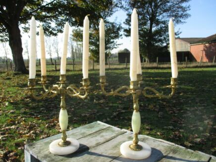 Couple Pair Brass Marble Onyx Ornate 5 Arm Candle Holder Candelabra Gorgeous