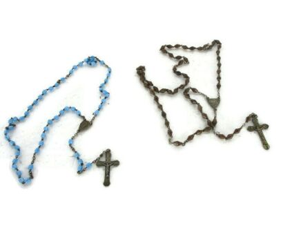 2 Rosaries Vintage Rosary Beads Priest Nun Hard Plastic Blue Brown Colored Sweet