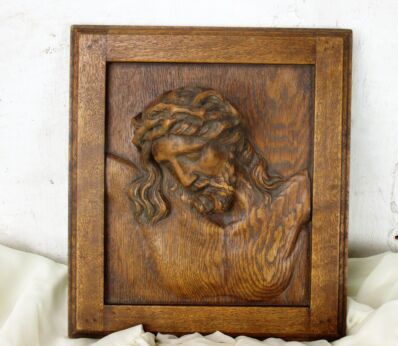 Hand Carved Wood Wall Art Panel Bas Relief Christ Head of Thorns G. Dobbelaere
