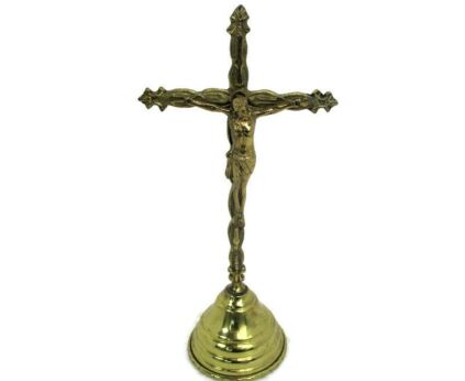Small French Embossed Brass Standing Crucifix Ornate Lovely Jesus Christ 11.22"