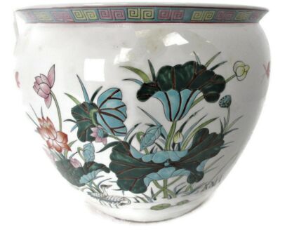 XL Vintage Chinese Porcelain Enamel Famille Rose Koi Fish Bowl Planter Vase  Cachepot Flowers Flowers    Stunning