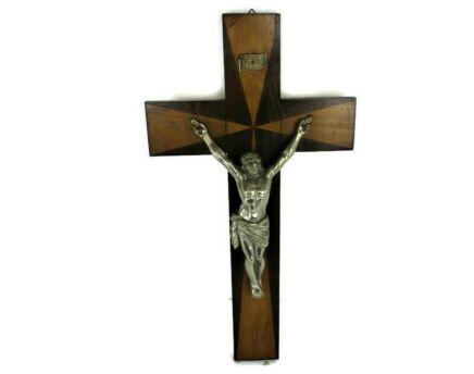 Large Two Toned Wooden Hanging Crucifix Cross Jesus Christ Faux Brass Spelter  Corpus Vintage Retro Wonderful