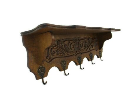 Vintage Hand Carved Wood Coat Hat Rack Ornate  Oak Small Lovely