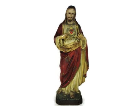 Antique Statue Jesus Christ Savior Sacred Heart Neo Gothic 1900s Plaster 16.14"