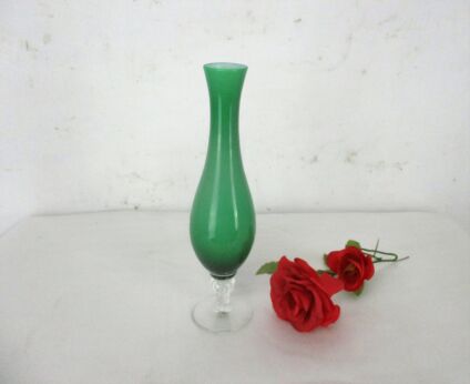 Small Green Clear Base Vintage Retro Opaline Cased Glass Vase Sweet