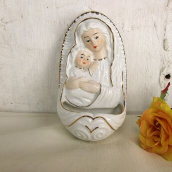 Vintage Holy Water Font Virgin Mary Infant Porcelain Bisque Wall Hanging HTF