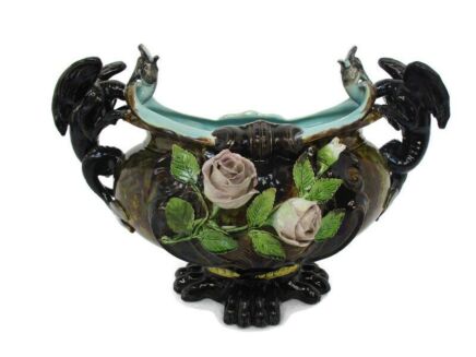 Gothic Antique French Centerpiece Dragon Handles Majolica Barbotine Planter WOW